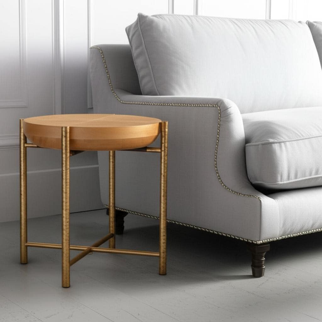 Homeroots 22 Natural And Gold Wood And Stainless Steel Round End Table 22.00 In. X 22.20 In. X 22.00 In.
