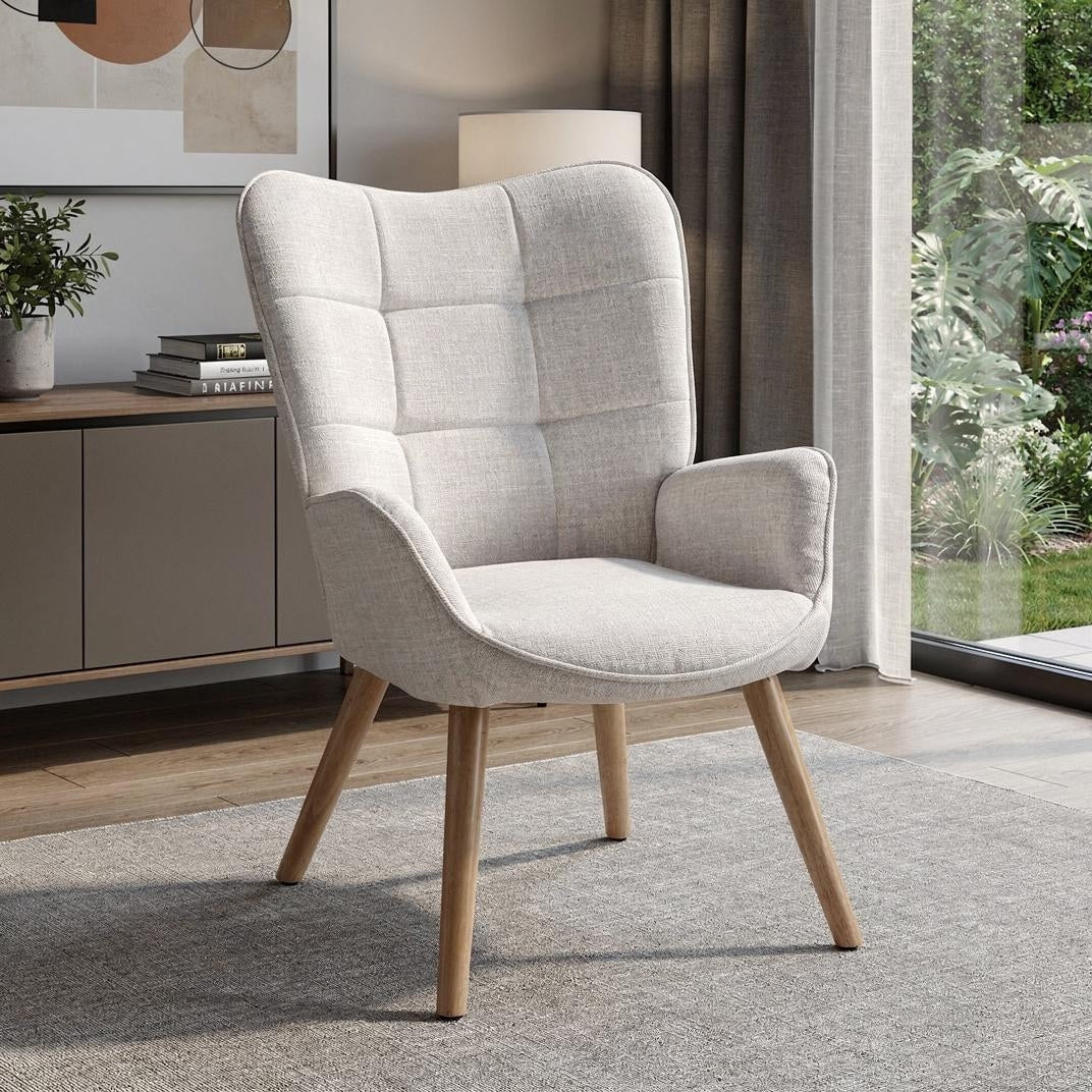 Homeroots 23 Beige And Natural Tufted Chenille And Solid Wood Wingback Chair 22.80 In. X 35.40 In. X 19.70 In.