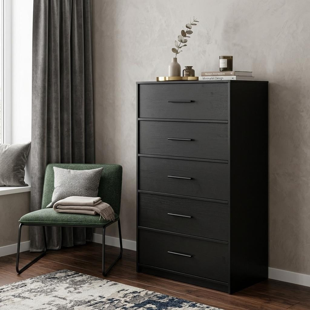 Homeroots 23 Black Fabric Wood And Steel Five Drawer Lingerie Chest