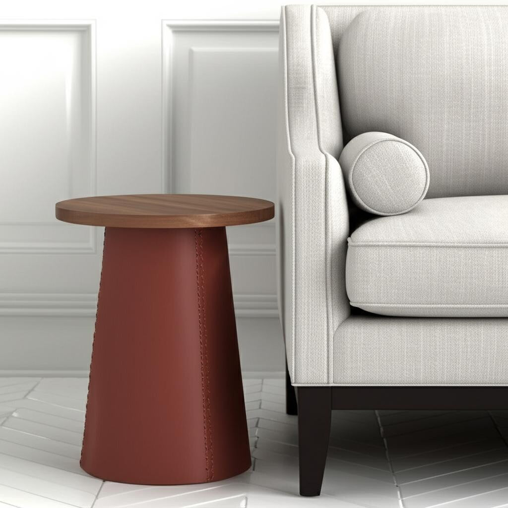 Homeroots 23 Brown Wood And Faux Leather Round Pedestal End Table 19.00 In. X 22.60 In. X 19.00 In.