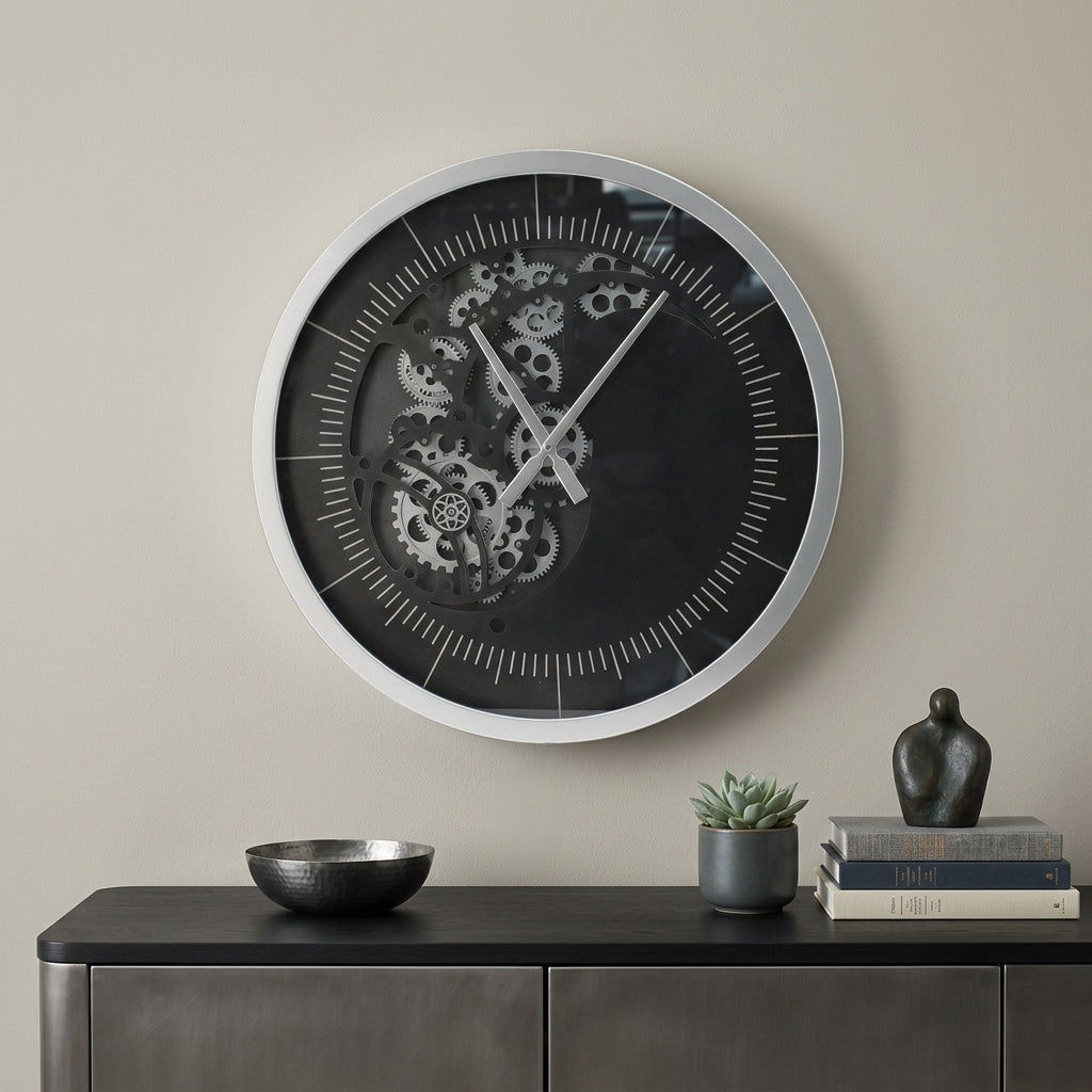 Homeroots 23 Circle Black And Silver Wood And Glass Analog Wall Clock 22.80 In. X 22.80 In. X 3.10 In.