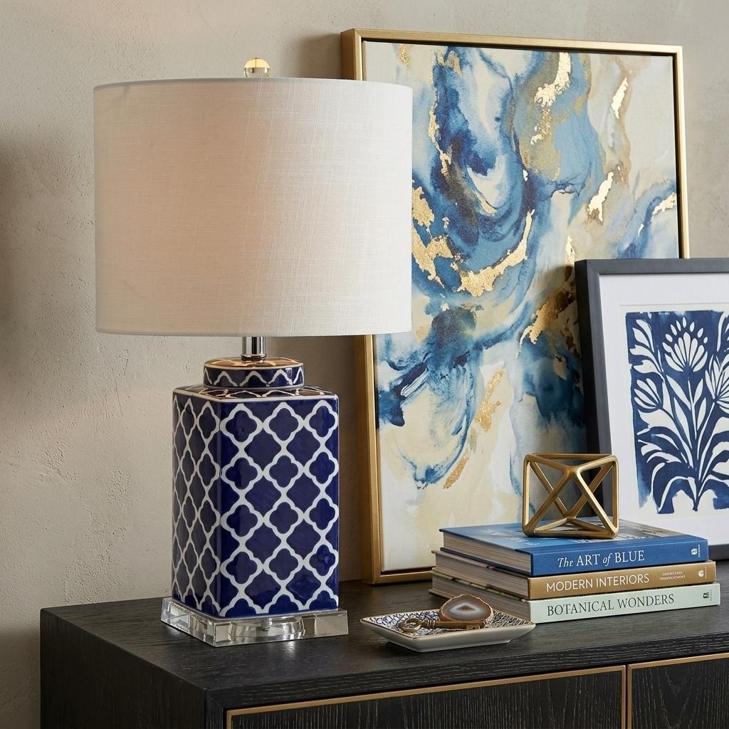 Homeroots 23 Clear Navy Blue And White Geometric Table Lamp With Drum Shade 13.00 In. X 23.00 In. X 13.00 In.