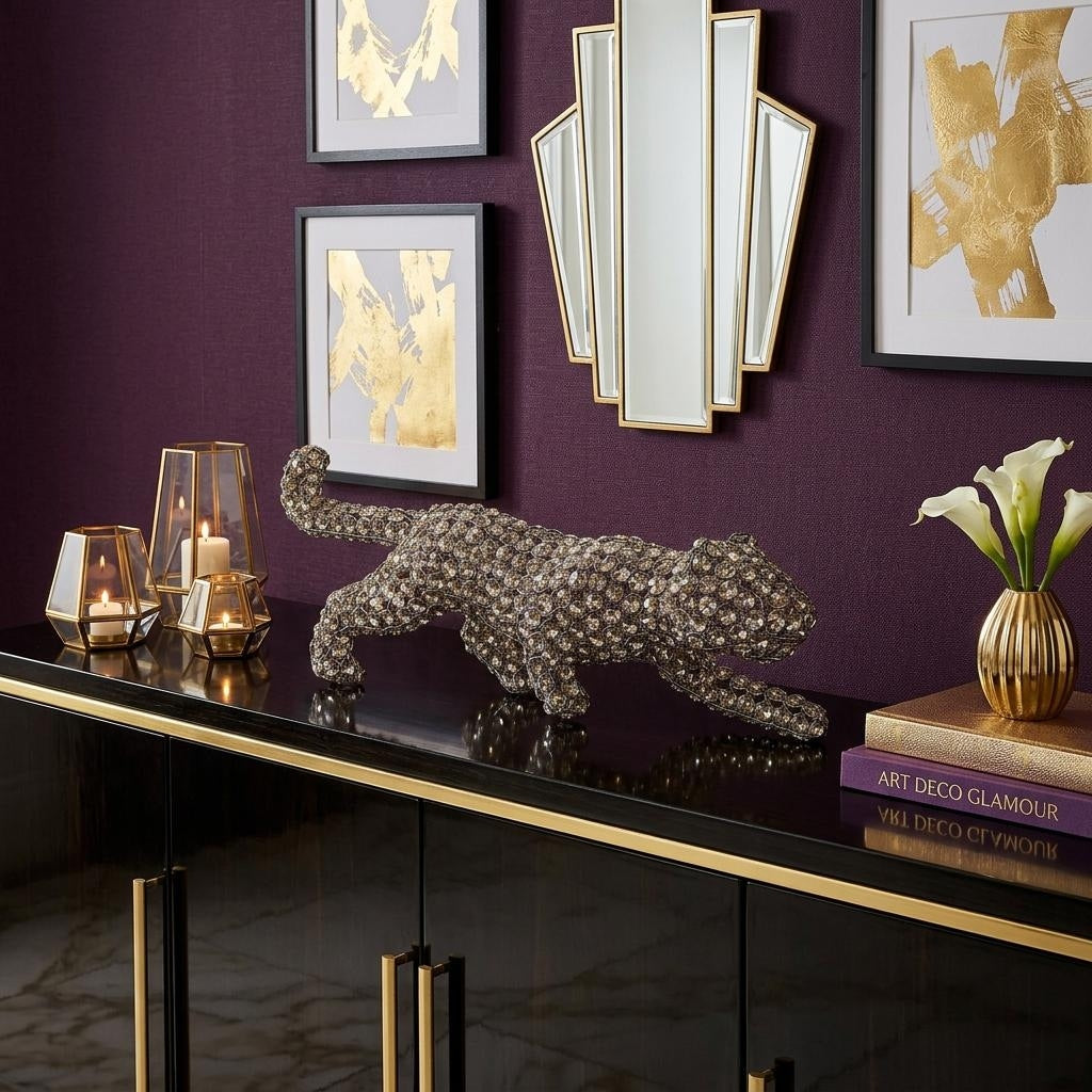 Homeroots 23 Silver And Clear Iron And Faux Crystal Panther Tabletop Sculpture 23.00 In. X 8.25 In. X 4.00 In.