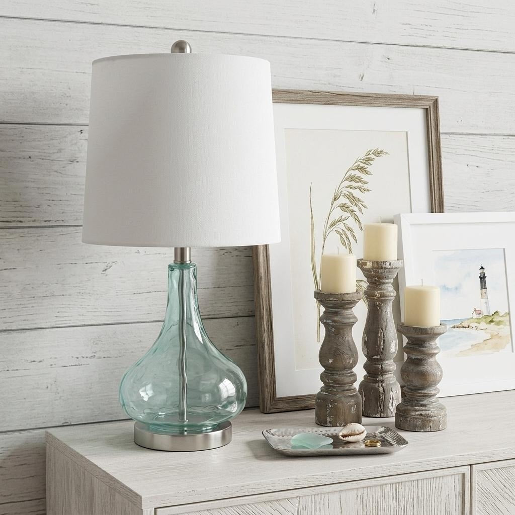 Homeroots 23 Teal Blue Translucent Glass Gourd Table Lamp With Drum Shade 11.00 In. X 23.25 In. X 11.00 In.