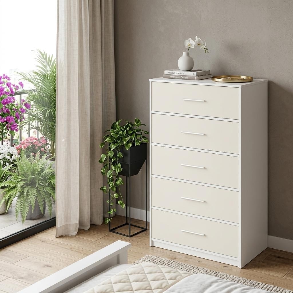 Homeroots 23 White Fabric Wood And Steel Five Drawer Lingerie Chest