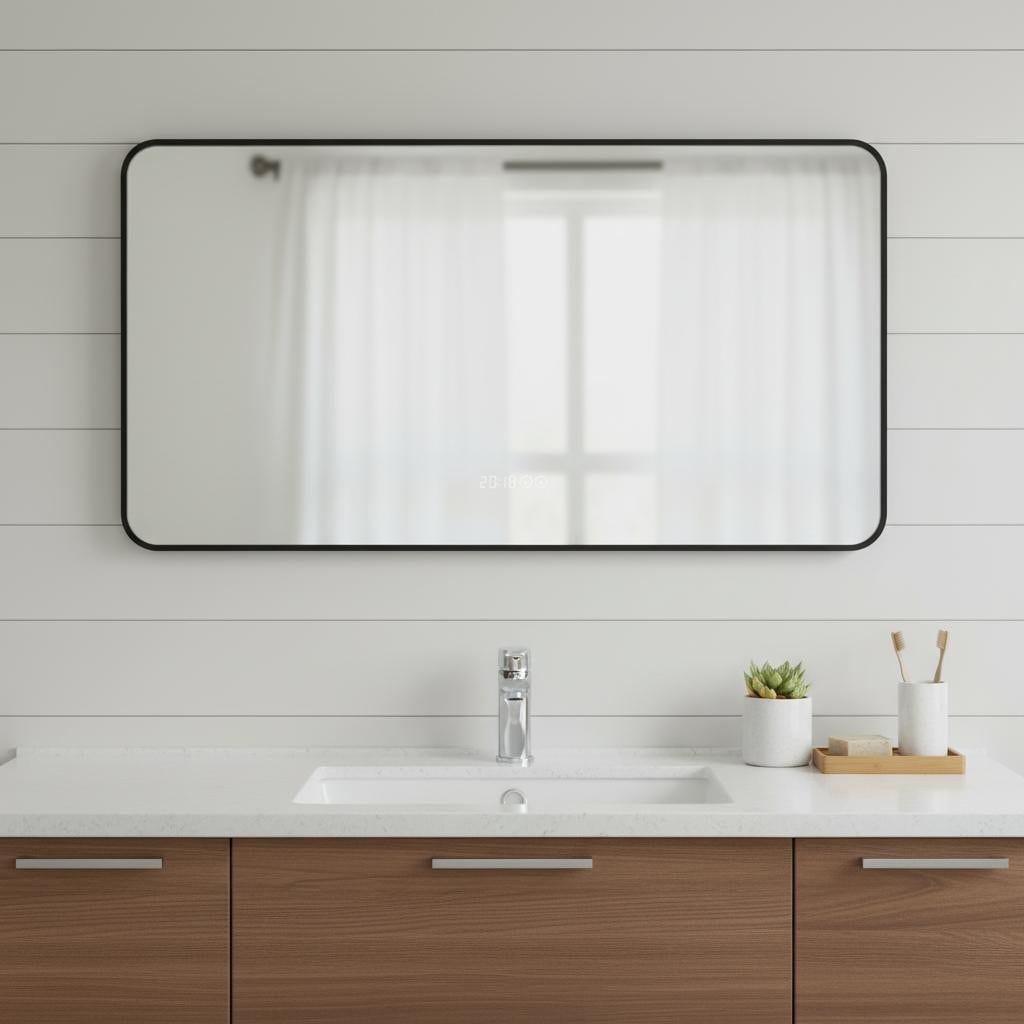 Homeroots 24 Black Aluminum Lighted Framed Anti Fog Bathroom Vanity Mirror 31.50 In. X 23.62 In. X 1.18 In.