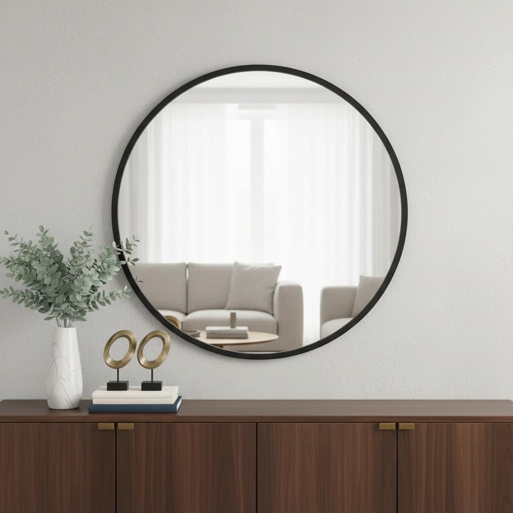 Homeroots 24 Black Aluminum Round Framed Accent Mirror 23.90 In. X 23.90 In. X 0.70 In.