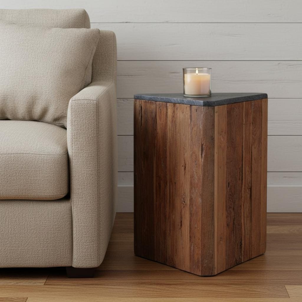 Homeroots 24 Natural And Charcoal Reclaimed Wood And Stone Block End Table 19.70 In. X 23.60 In. X 19.70 In.