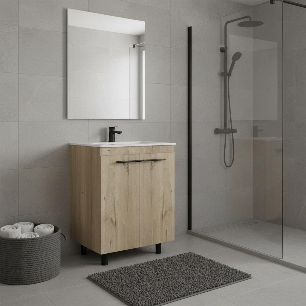Homeroots 24 Oak Wood Freestanding Double Door Bathroom Vanity With White Sink 23.80 In. X 34.10 In. X 18.10 In.