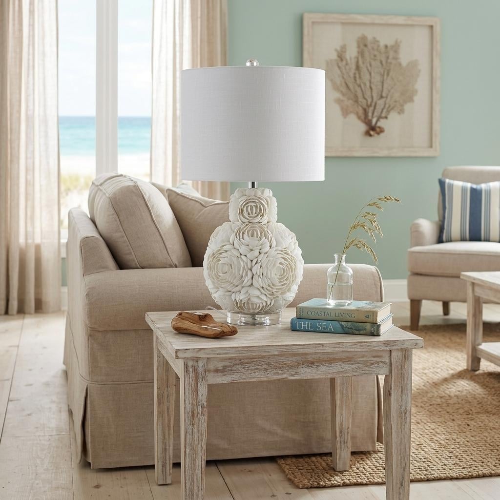 Homeroots 24 Off White Seashell Table Lamp With White Drum Shade 13.00 In. X 24.00 In. X 13.00 In.