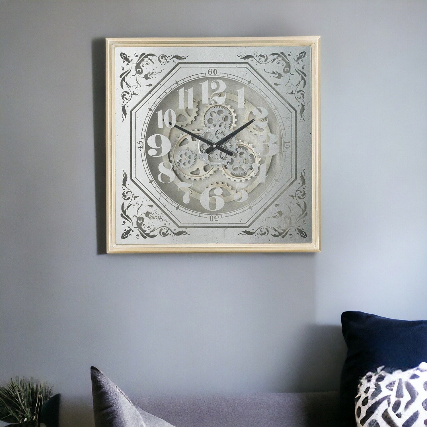 Homeroots 24 Square Gold And Silver Wood And Mirror Exposed Gear Wall Clock 23.60 In. X 23.60 In. X 3.10 In.