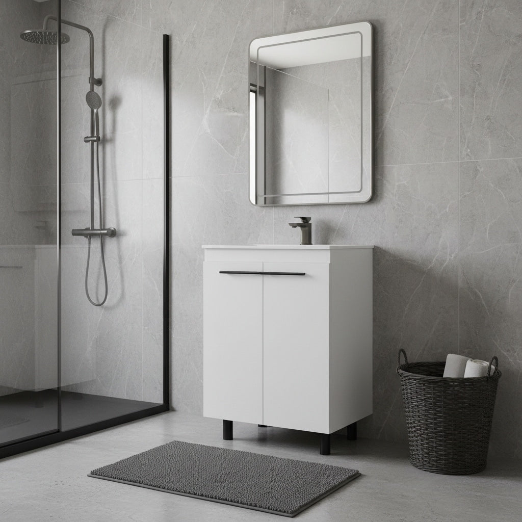 Homeroots 24 White Wood Freestanding Double Door Bathroom Vanity With Sink 23.80 In. X 34.10 In. X 18.10 In.