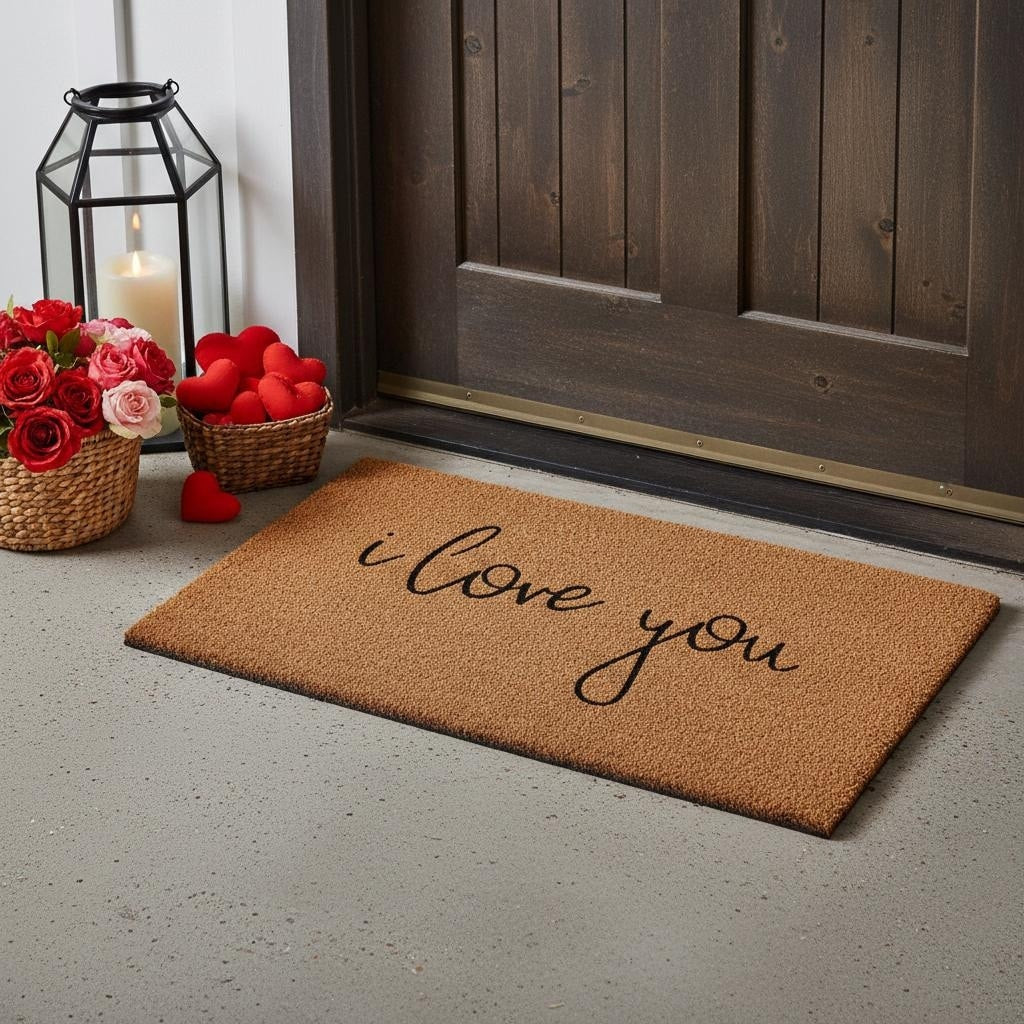 Homeroots 24 X 36 Brown Red And Black Love You Outdoor Coir Door Mat 24.00 X 36.00