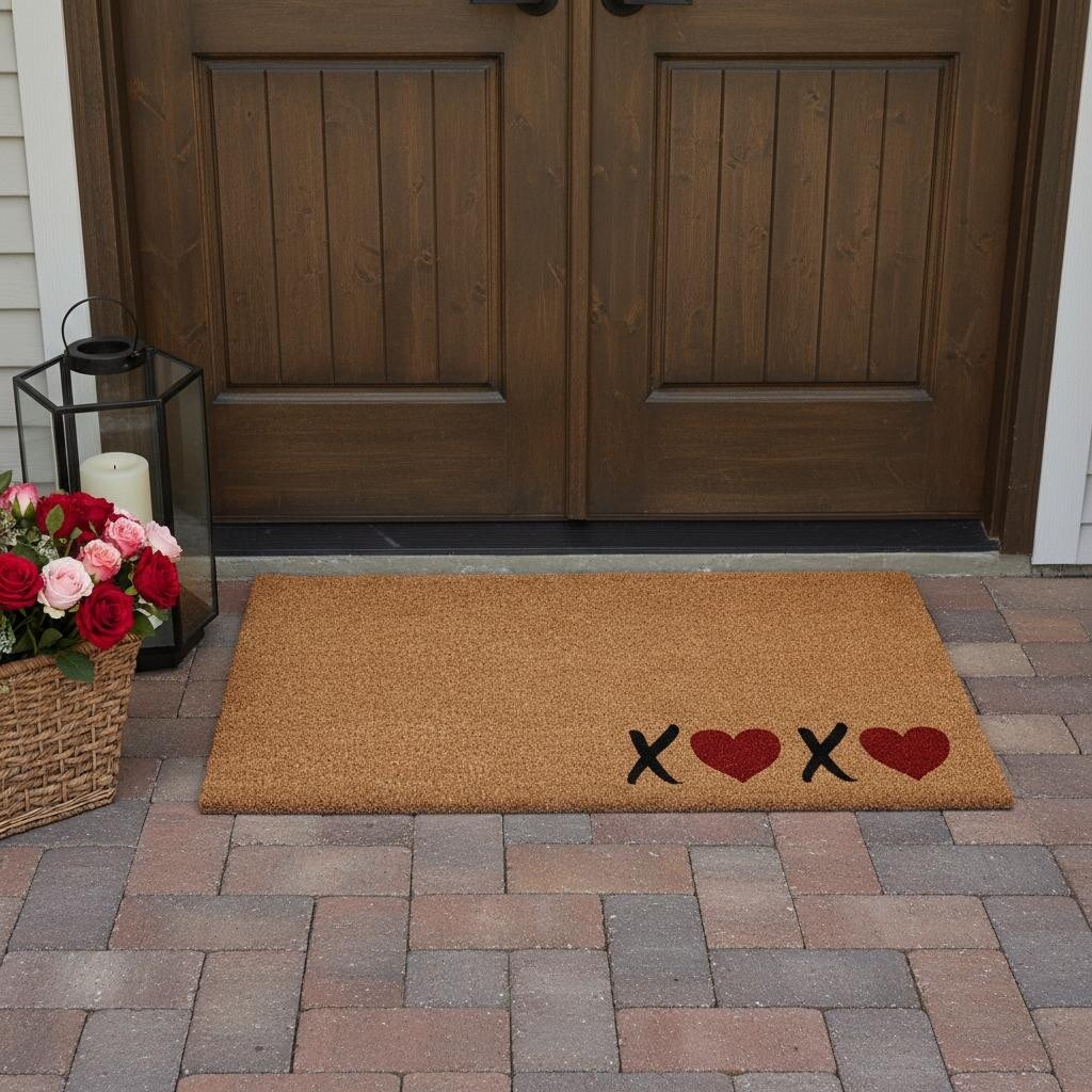 Homeroots 24 X 48 Brown Black And Red Valentines Day Heart Xoxo Outdoor Coir Door Mat 24.00 X 48.00