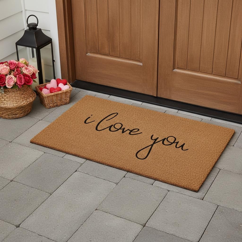 Homeroots 24 X 48 Brown Red And Black Love You Outdoor Coir Door Mat 24.00 X 48.00