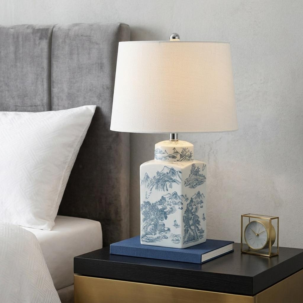Homeroots 25 Blue And White Table Lamp With Drum Shade 15.00 In. X 24.50 In. X 15.00 In.
