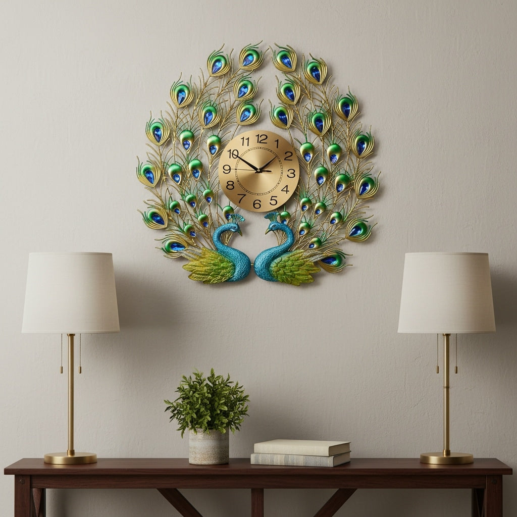 Homeroots 25 Blue Green And Gold Metal Silent Analog Peacock Novelty Wall Clock 25.00 In. X 26.00 In. X 2.00 In.