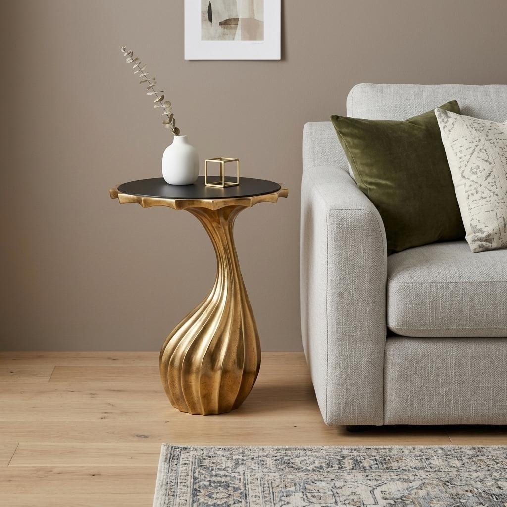 Homeroots 25 Gold And Black Aluminum And Granite Round Abstract End Table 16.50 In. X 24.50 In. X 16.50 In.