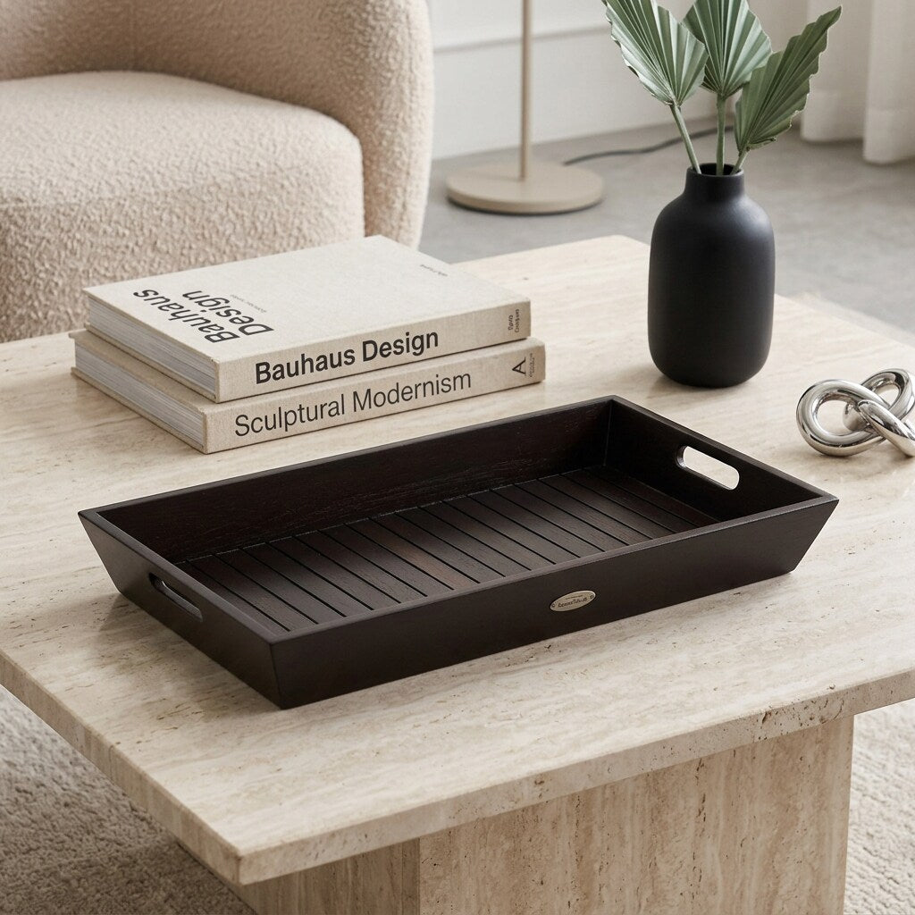 Homeroots 26 Black Solid Wood Handmade Serving Tray With Handles 26.00 In. X 3.25 In. X 14.25 In.
