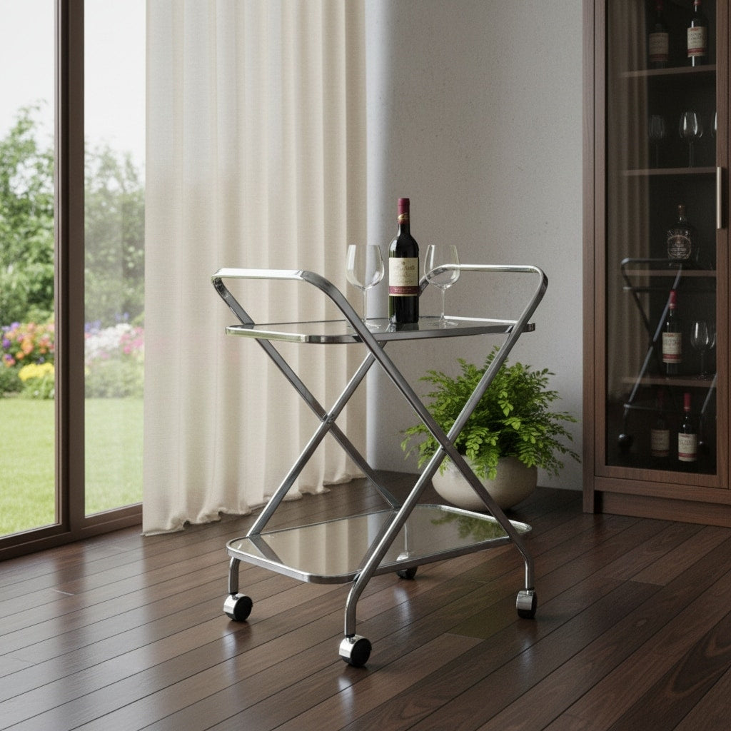 Homeroots 26 Silver Metal And Glass Rolling Bar Cart 26.25 In. X 30.50 In. X 16.50 In.