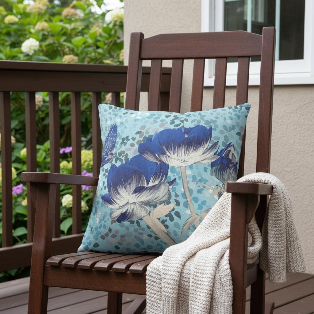 Homeroots 26 X 26 Blue Butterfly Blown Seam Floral Indoor Outdoor Throw Pillow 26.00 X 5.00 X 26.00
