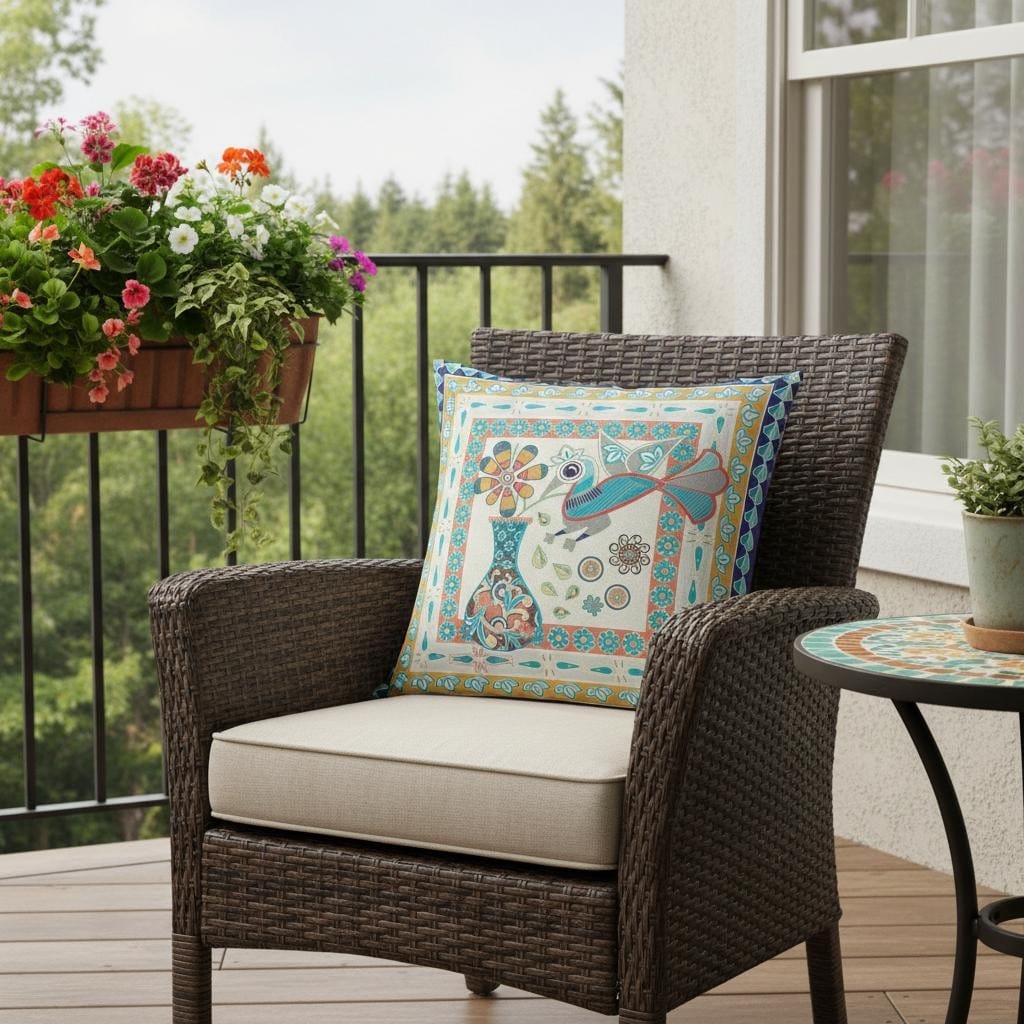Homeroots 26 X 26 Blue And Beige Peacock Blown Seam Floral Indoor Outdoor Throw Pillow 26.00 X 5.00 X 26.00