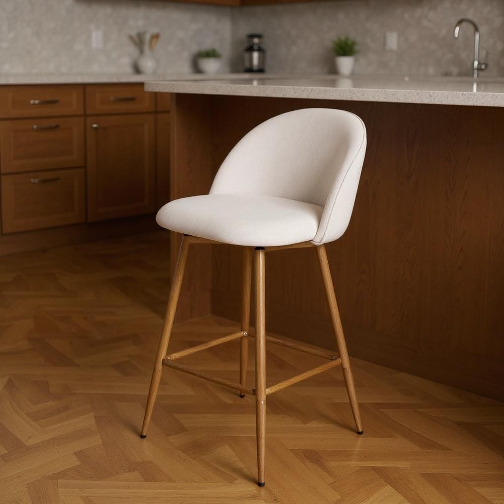 Homeroots 27 Beige And Oak Fabric And Metal Low Back Counter Height Swivel Bar Chair