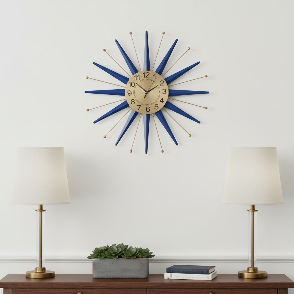 Homeroots 27 Blue And Gold Metal Silent Analog Starburst Wall Clock 27.00 In. X 27.00 In. X 2.00 In.