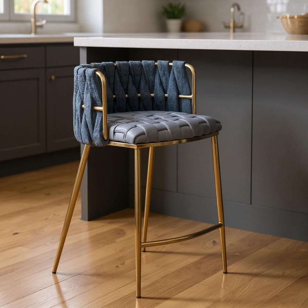 Homeroots 27 Blue And Gold Faux Leather Linen And Steel Low Back Counter Height Bar Chair