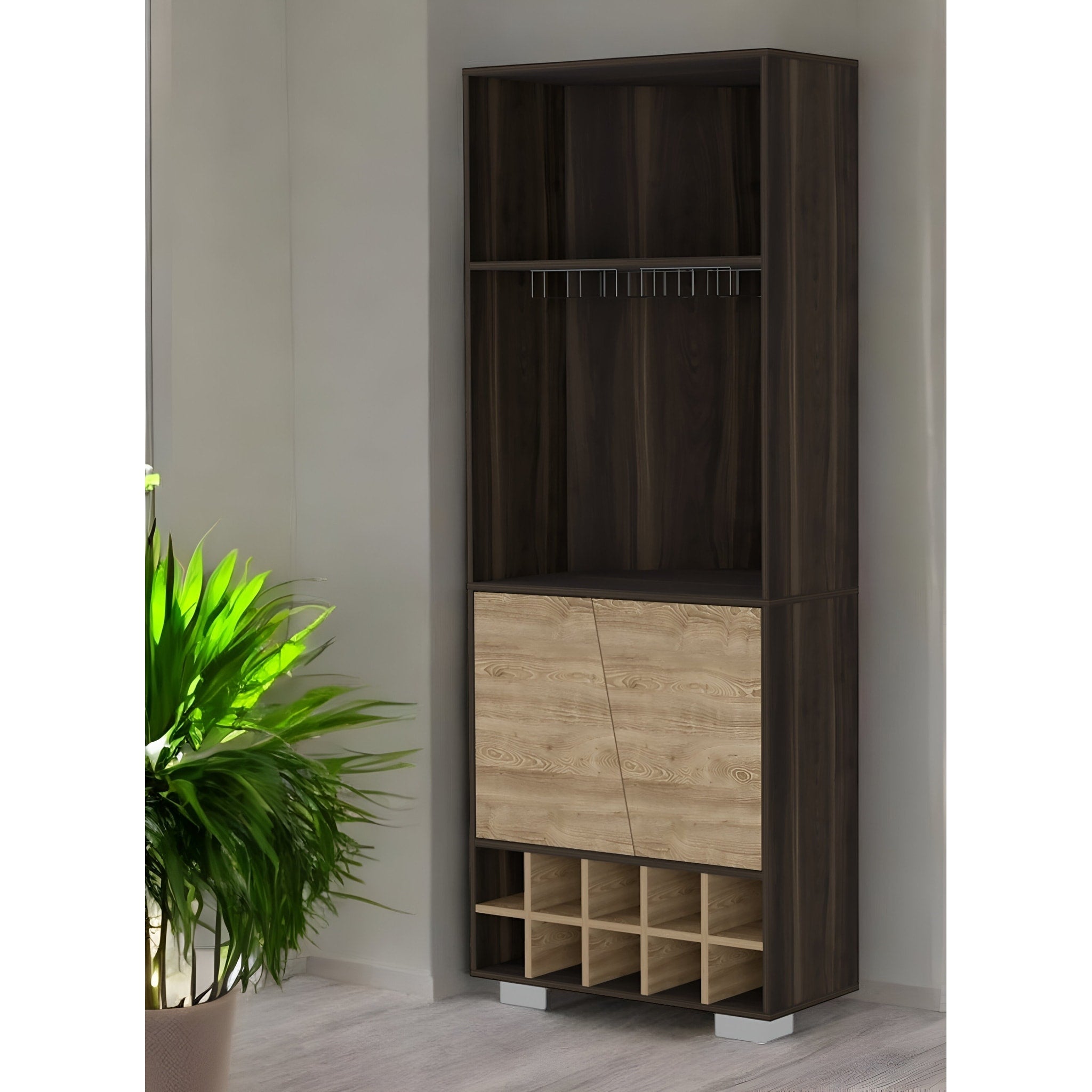 Homeroots 27 Dark Brown Corner Bar Cabinet With Multiple Shelves