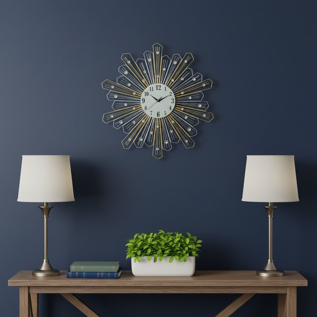 Homeroots 27 Gold Silver And Metal And Faux Crystals Silent Analog Sunburst Wall Clock 27.00 In. X 27.00 In. X 1.50 In.