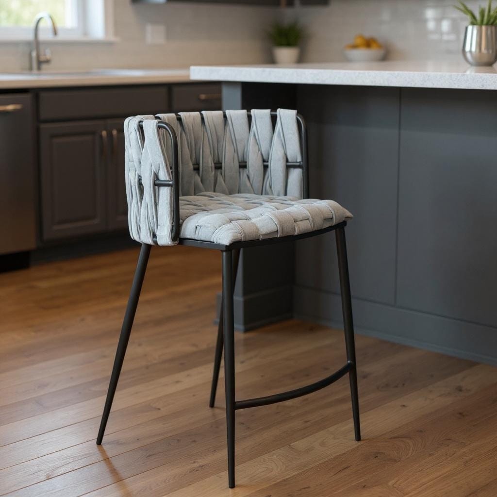 Homeroots 27 Gray And Black Velvet And Steel Low Back Counter Height Bar Chair