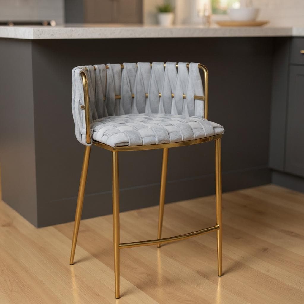 Homeroots 27 Gray And Gold Velvet And Steel Low Back Counter Height Bar Chair