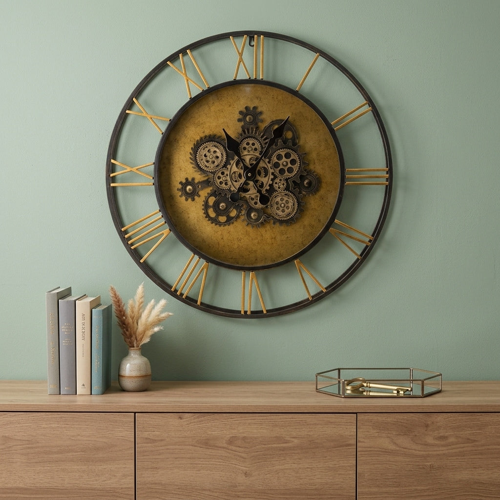 Homeroots 28 Circle Copper Metal And Glass Analog Exposed Gear Wall Clock 28.00 In. X 28.00 In. X 3.50 In.