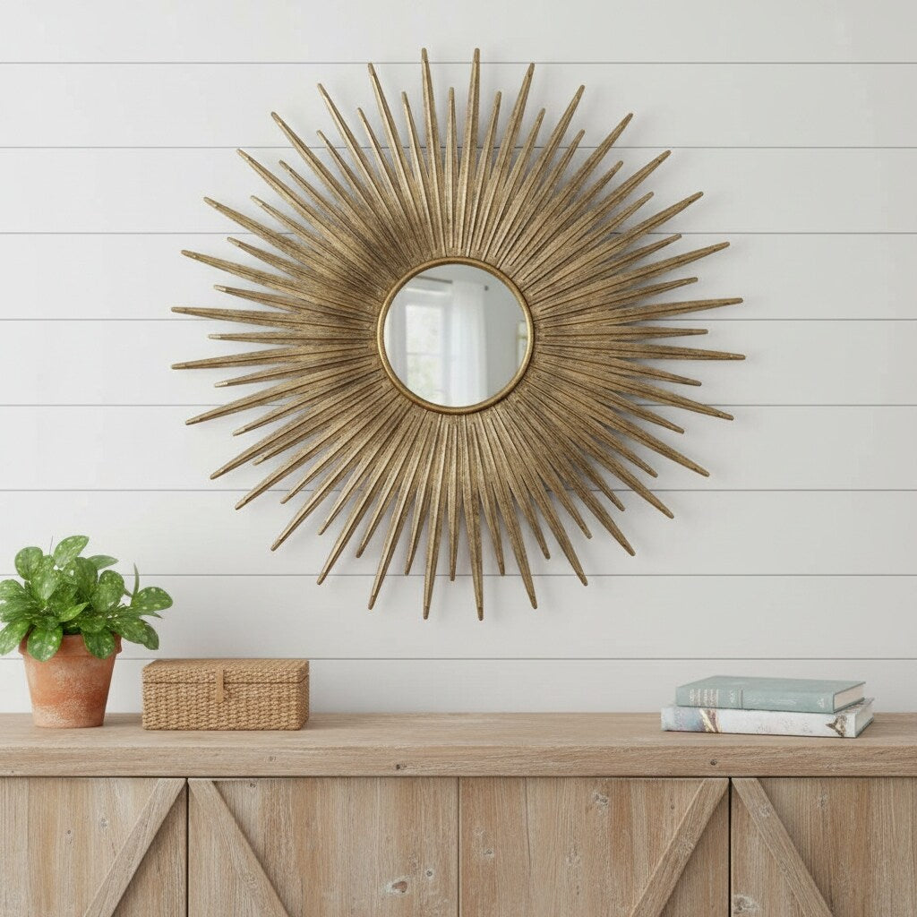 Homeroots 28 Gold Sunburst Iron Framed Accent Mirror 28.30 In. X 28.30 In. X 2.20 In.