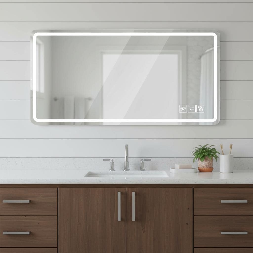 Homeroots 28 Lighted Frameless Anti Fog Bathroom Vanity Mirror 59.05 In. X 27.55 In. X 0.99 In.