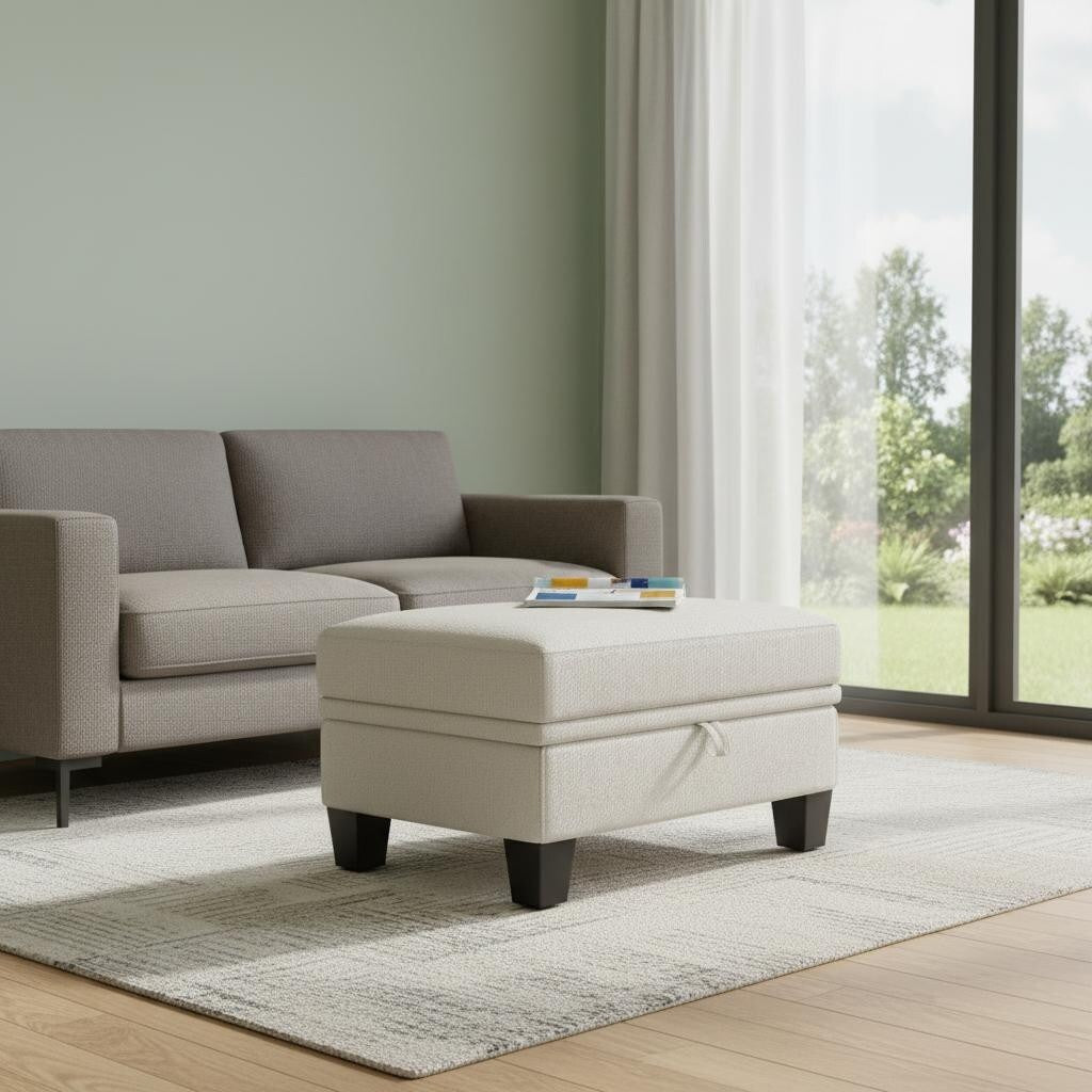 Homeroots 29 Beige And Black Chenille Storage Ottoman