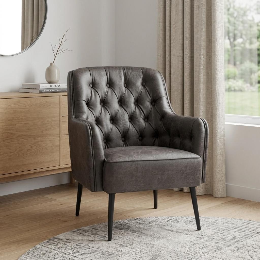 Homeroots 29 Black Faux Leather And Upholstered Tufted Chesterfield Chair 29.10 In. X 35.40 In. X 31.10 In.