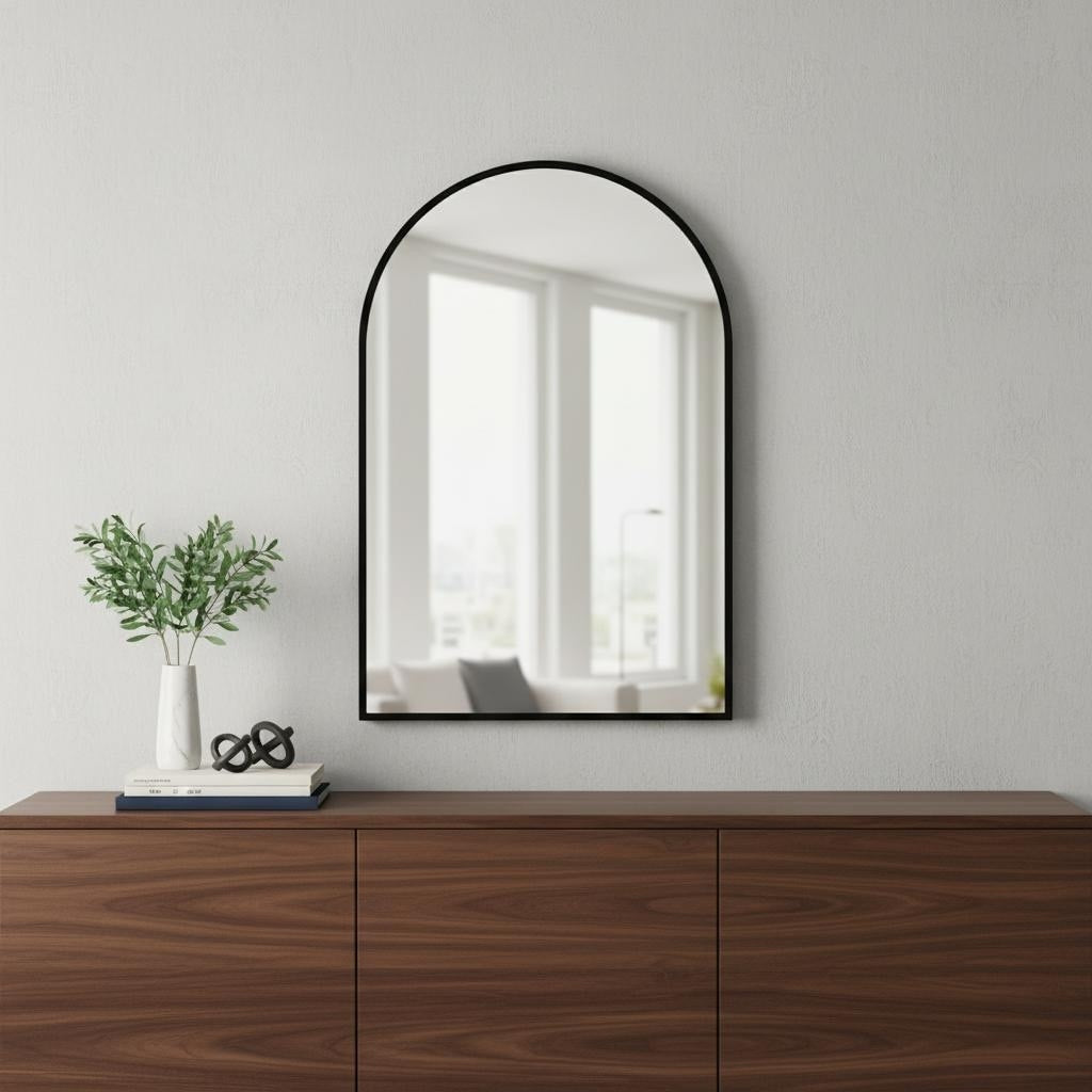 Homeroots 30 Black Aluminum Arch Framed Anti Fog Accent Mirror 20.00 In. X 29.92 In. X 0.55 In.