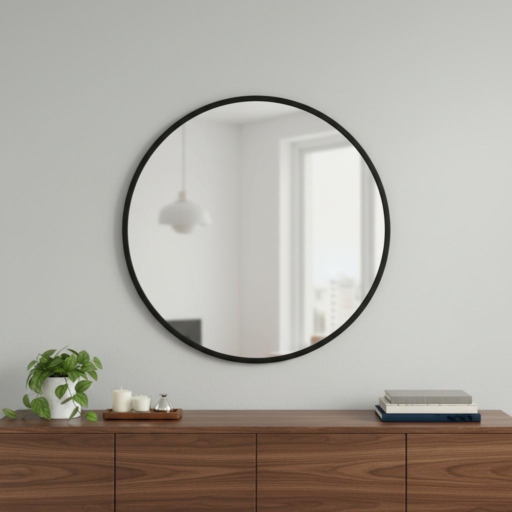 Homeroots 30 Black Aluminum Round Framed Accent Mirror 30.00 In. X 30.00 In. X 0.70 In.