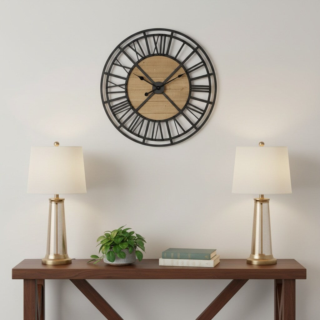 Homeroots 30 Black And Natural Iron And Wood Analog Round Wall Clock 30.12 In. X 30.12 In. X 1.97 In.