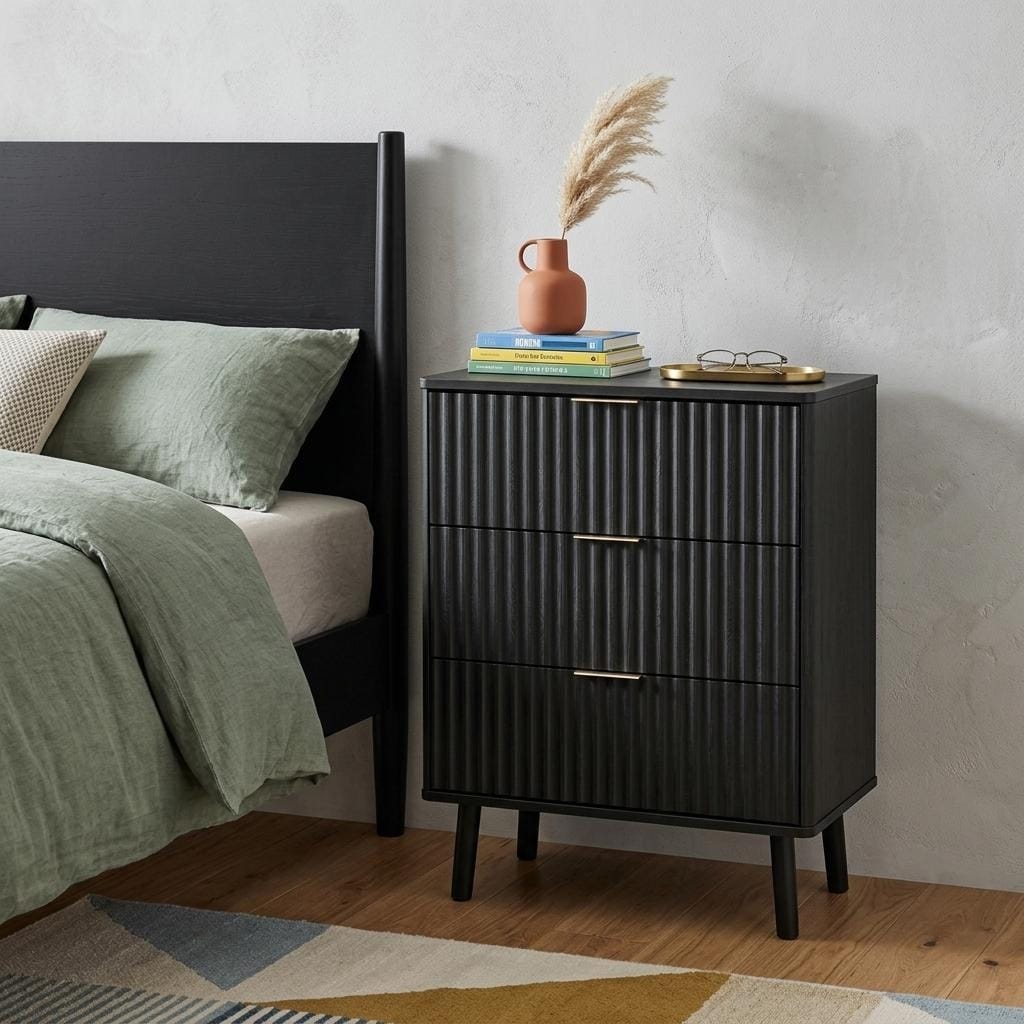 Homeroots 30 Black Wood Ribbed Texture Three Drawer Nightstand With Usb Port