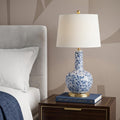 Homeroots 30 Blue White And Gold Gourd Table Lamp With Drum Shade 16.00 In. X 30.00 In. X 16.00 In.
