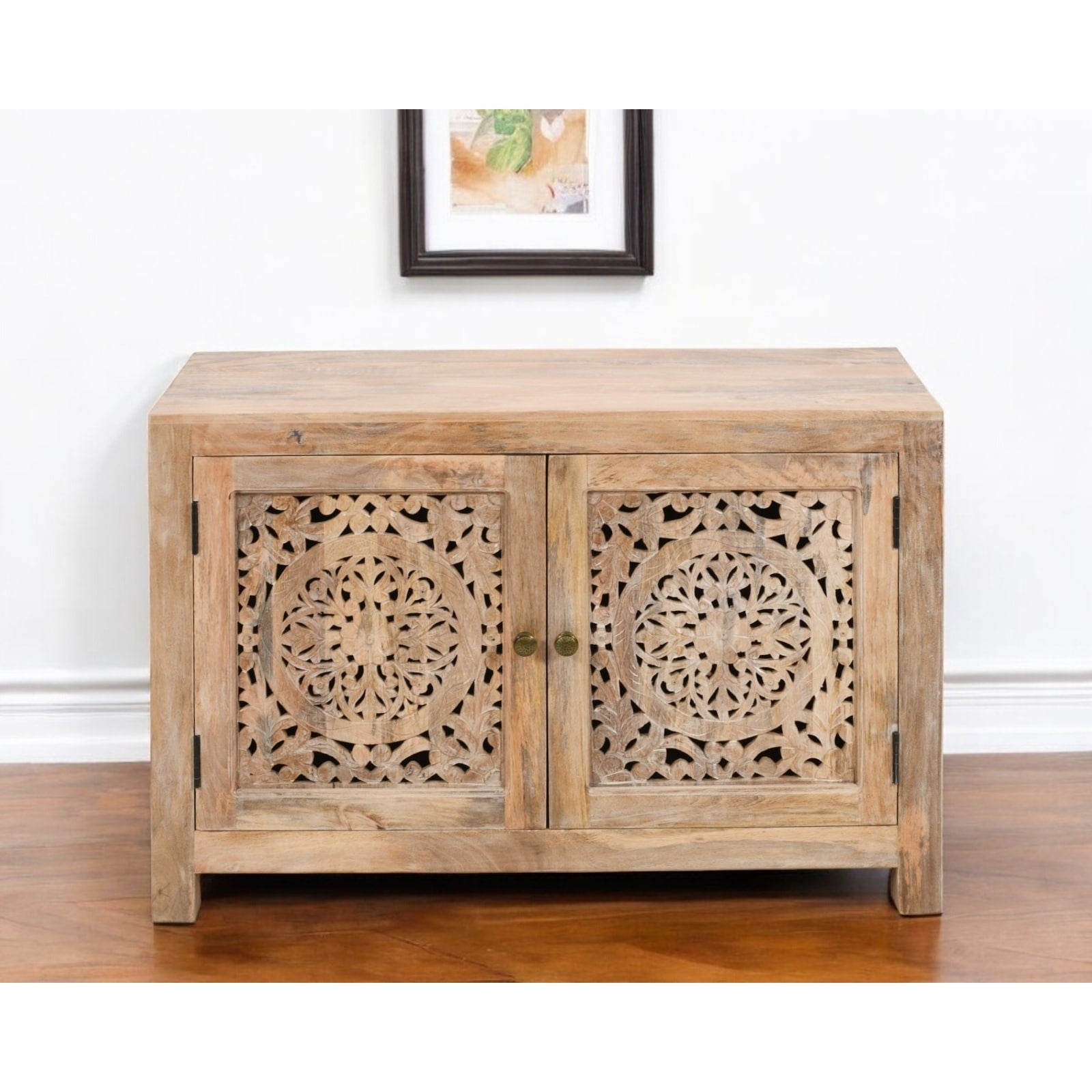 Homeroots 30 Natural Solid Wood Textured Door Accent Cabinet With Two Doors