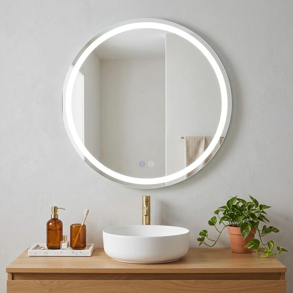 Homeroots 30 Round Lighted Frameless Anti Fog Bathroom Vanity Mirror 29.92 In. X 29.92 In. X 1.57 In.