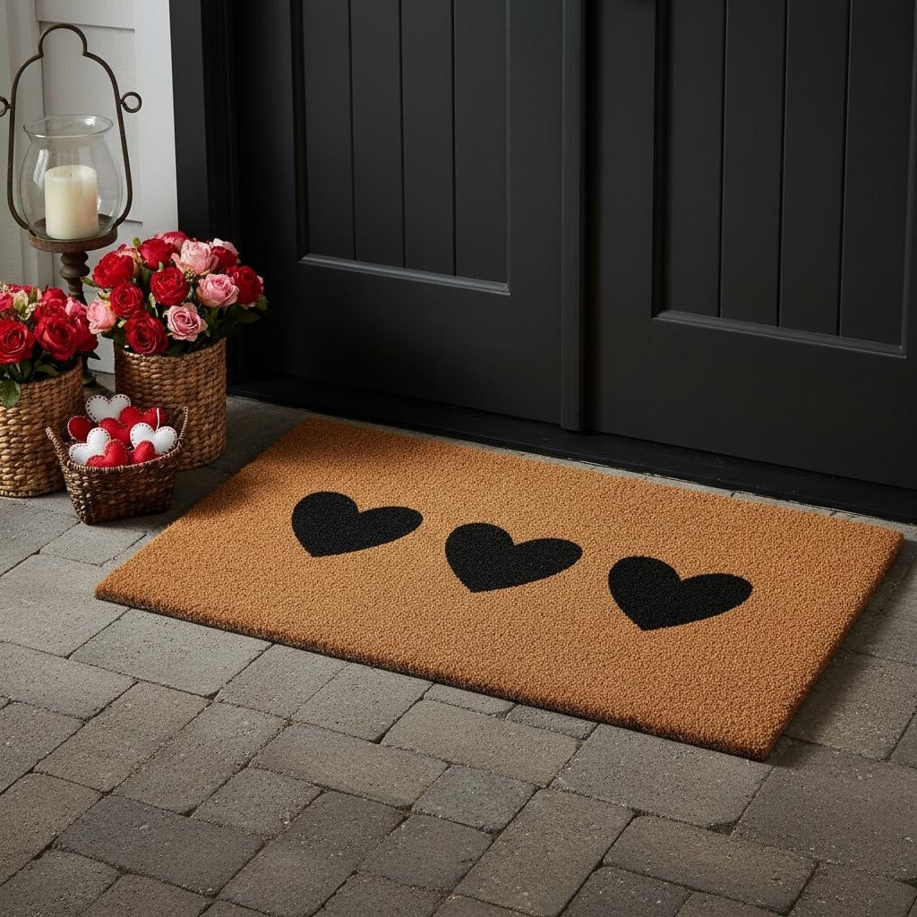 Homeroots 30 X 48 Brown And Black Three Hearts Outdoor Coir Door Mat 30.00 X 48.00