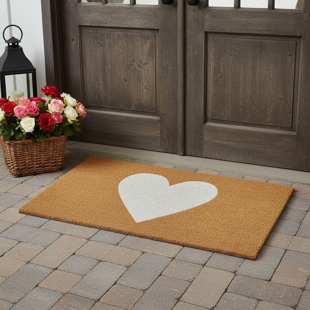 Homeroots 30 X 48 Brown And White Heart Outdoor Coir Door Mat 30.00 X 48.00