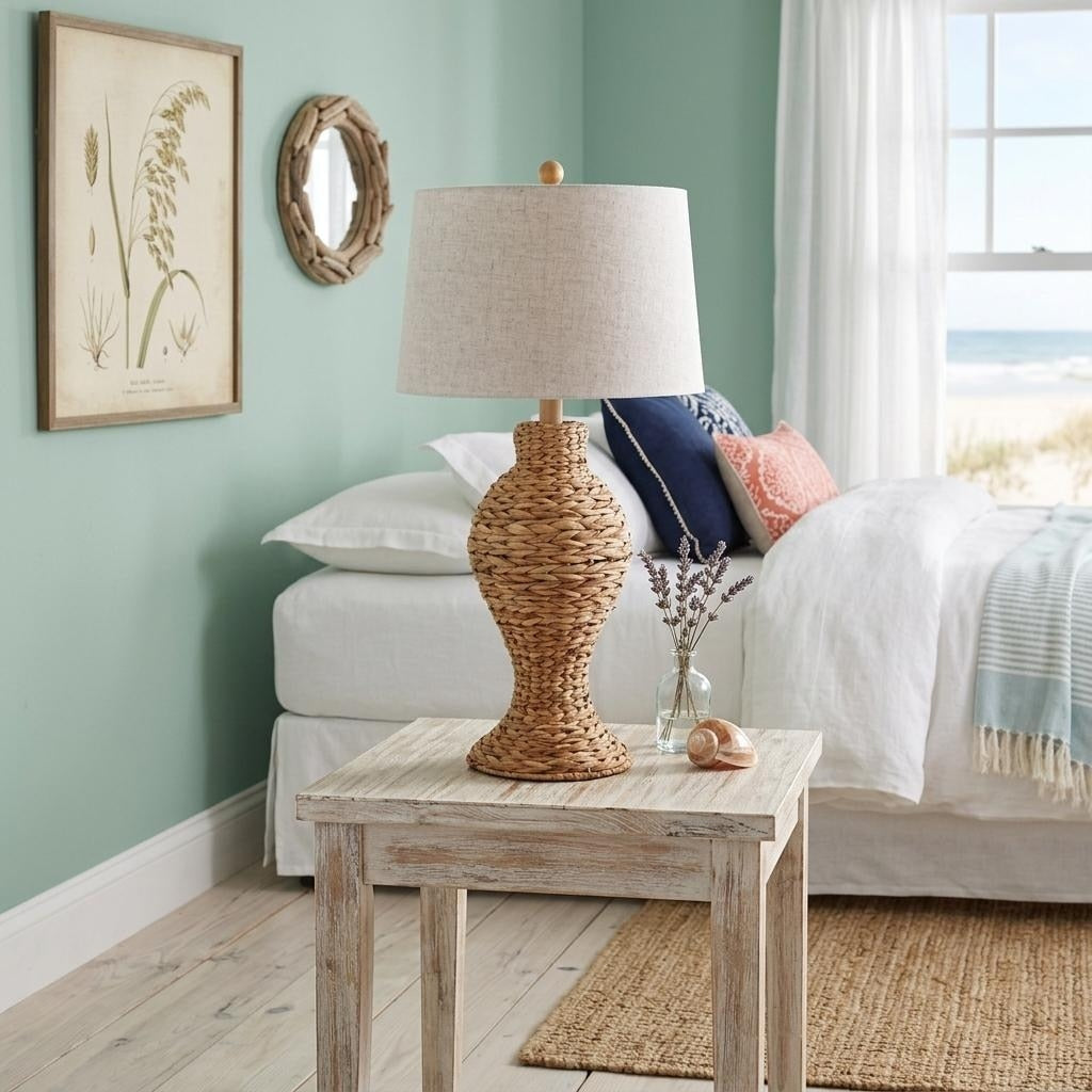 Homeroots 31 Natural Water Hyacinth Urn Table Lamp With Drum Shade 16.00 In. X 31.00 In. X 16.00 In.