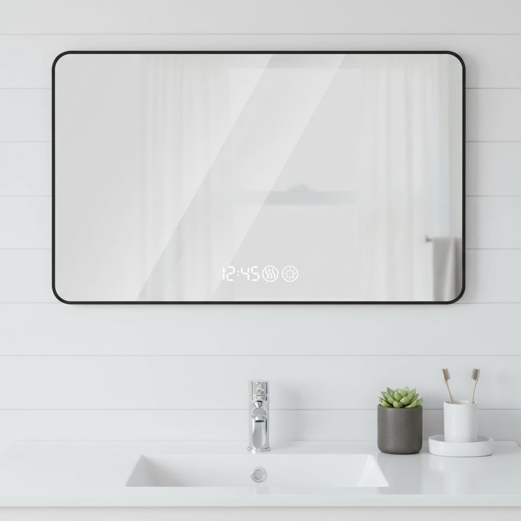 Homeroots 32 Black Aluminum Lighted Framed Anti Fog Bathroom Vanity Mirror 47.24 In. X 31.50 In. X 1.18 In.