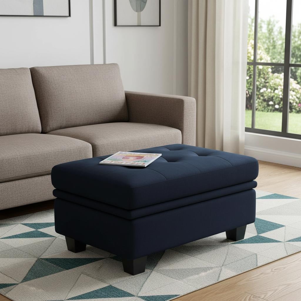 Homeroots 32 Blue And Black Velvet Tufted Storage Ottoman